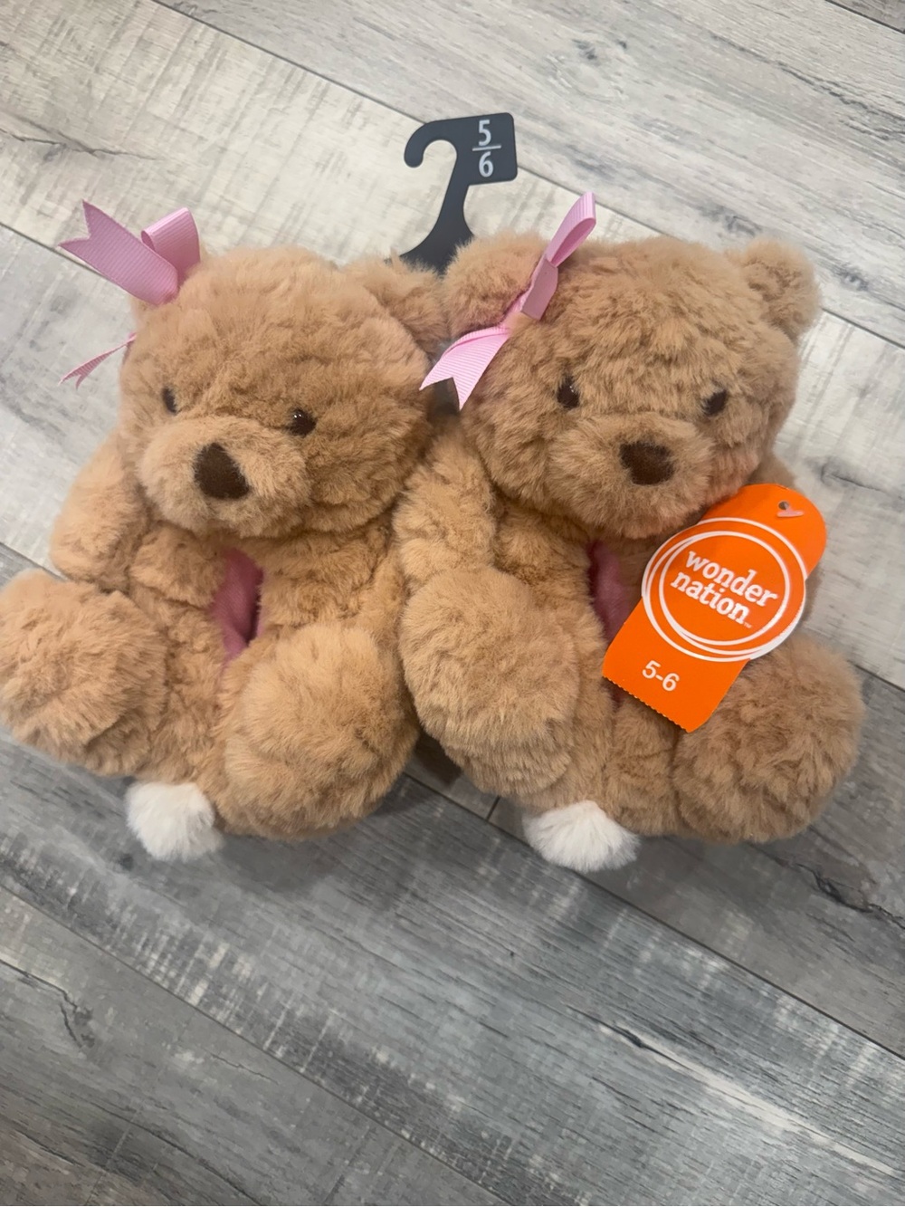 wonder nation Brown Plush Bear Slippers with Pink Bows